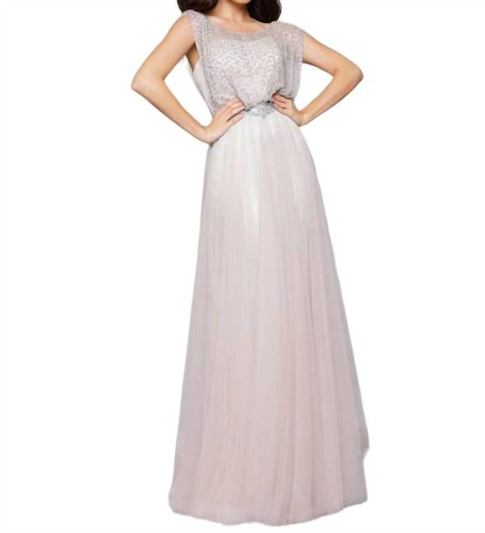 NEW MAC DUGGAL beaded illusion gown in sand